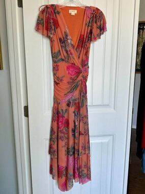 Maeve Anthropologie Simone Floral Handkerchief Ruched Orange Midi Dress size XSP